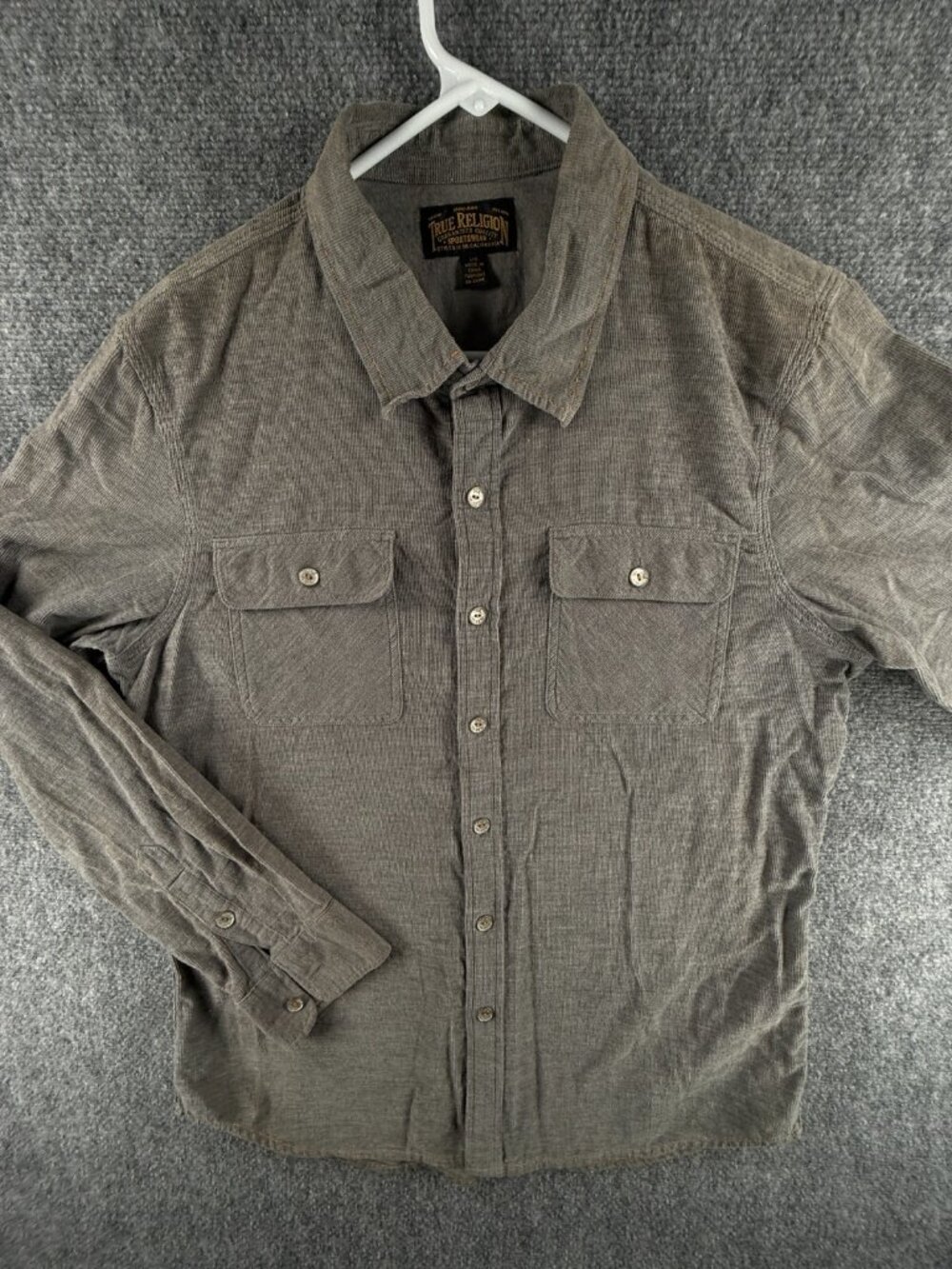 True Religion Fine Corduroy Button Up Gray Long Sleeve Large Soft Pockets **